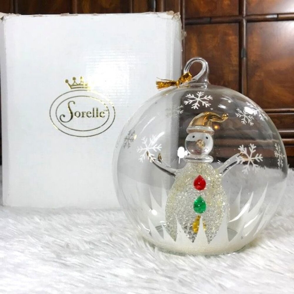 Sorelle Blown Glass Lighted Snowman Snowflake Globe Ornament